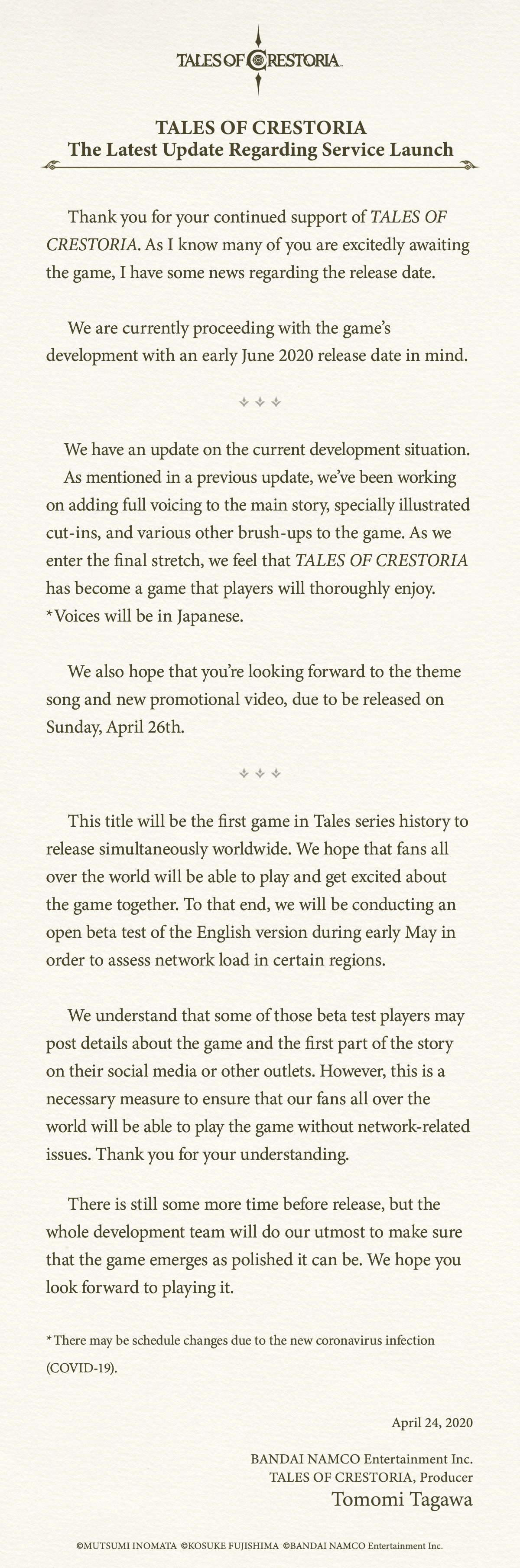 万代传说系列IP手游《Tales of Crestoria》今年6月上线，来感受下日本手游现在的制作水平吧