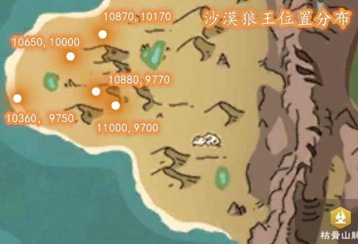 点经验*2,每击杀1次沙漠狼王完成1次任务 容易 沙漠狼王位置如下图